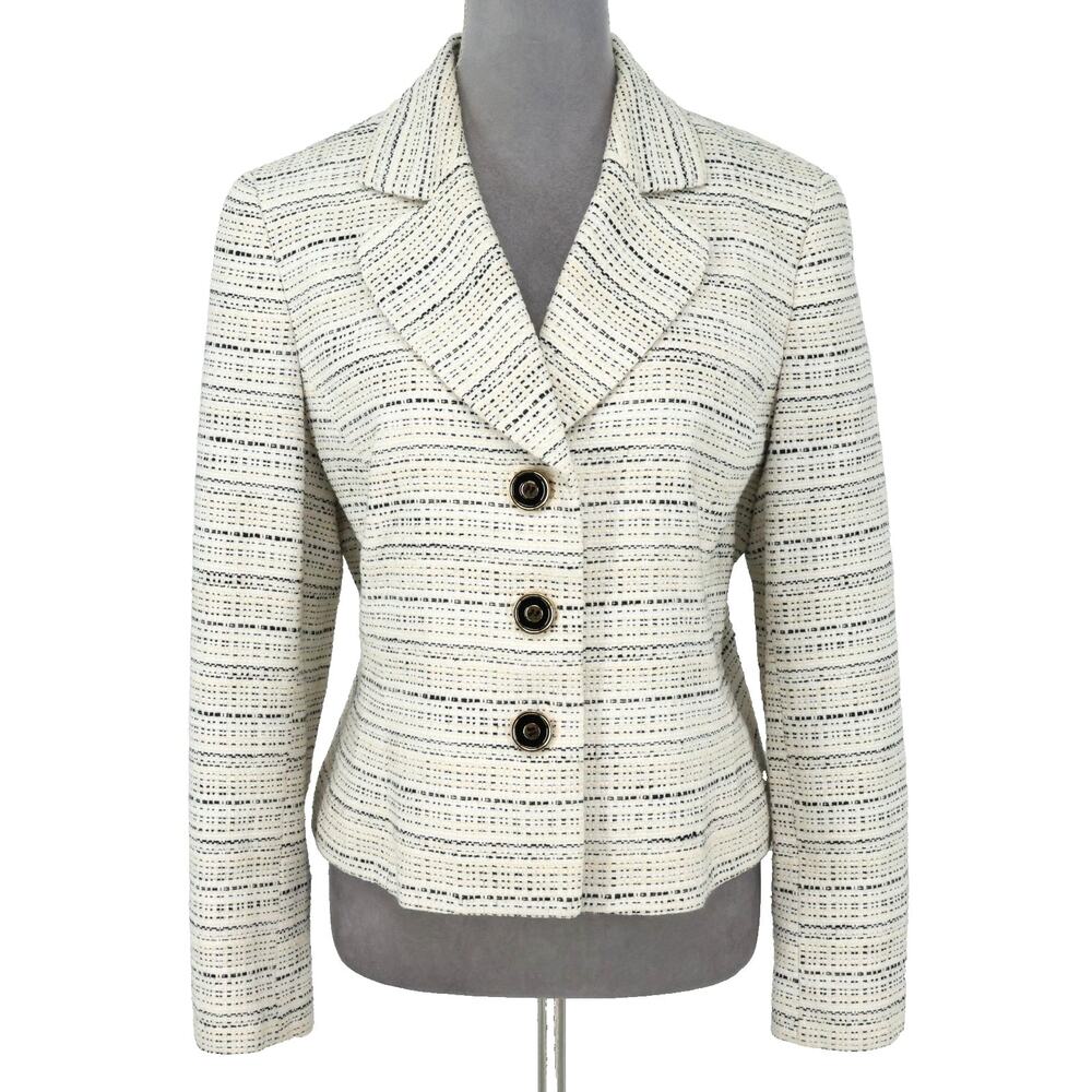 Kasper Jacket Womens 12 Ivory Black Stripe Cotton Tweed Lined Blazer